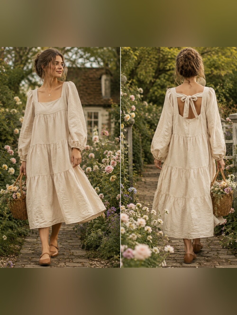 Jacquie The Label Cotton Cream Tiered Midi Dress with Back Tie